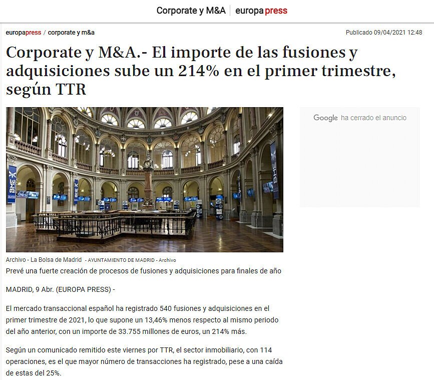 Corporate y M&A.- El importe de las fusiones y adquisiciones sube un 214% en el primer trimestre, segn TTR